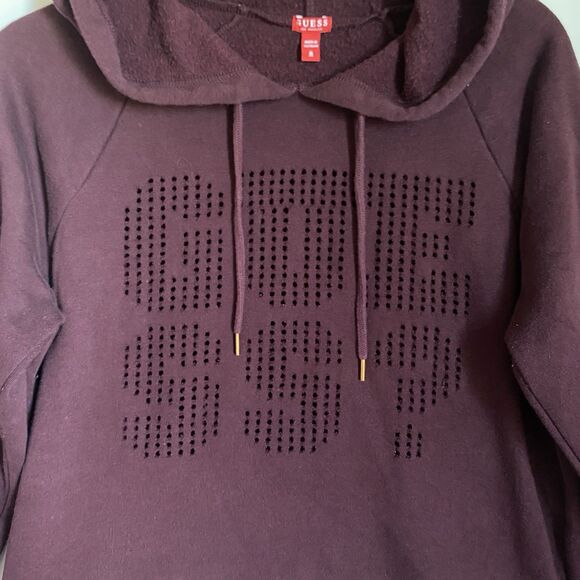 Vintage Guess Y2K Hoodie Women M Burgundy Perforated Logo Pullover Casual - Picture 4 of 8